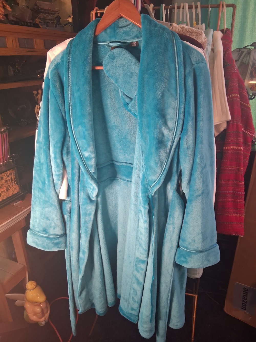 2 Piece Plush Shawl Collar Turquoise Women's Robe Coat With Matching Slippers